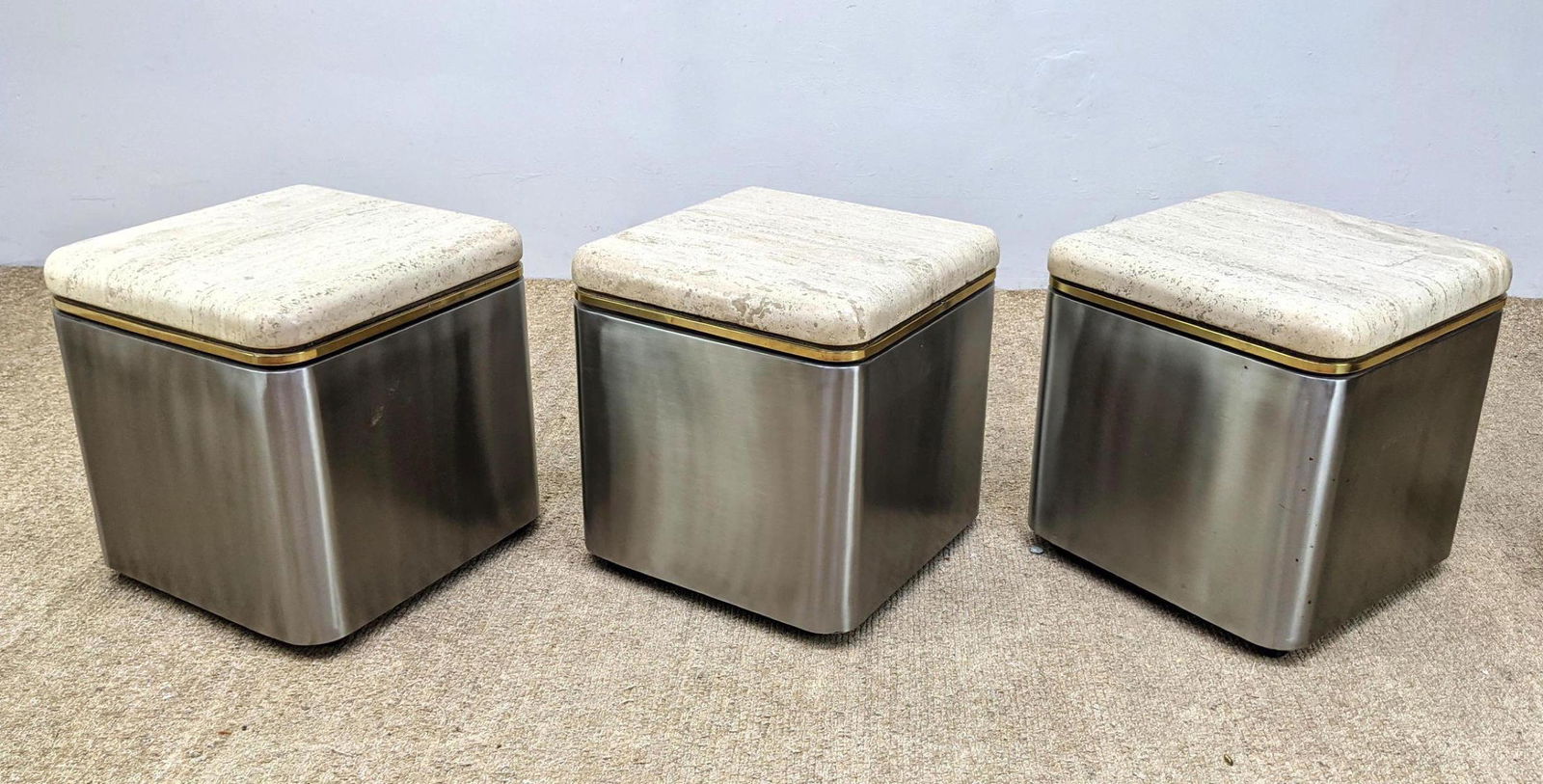 Set 3 Designer Rolling Cube Tables.  Travertine tops on (1 of 14)