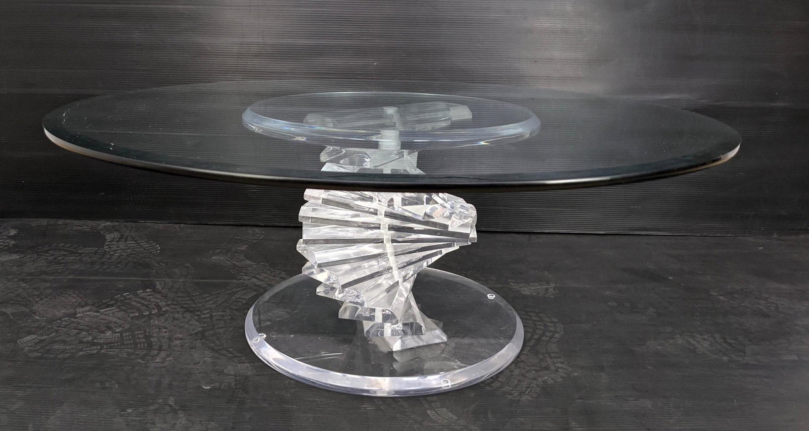 Stacked Lucite and Glass Coffee Cocktail Table. Twisted: Stacked Lucite and Glass Coffee Cocktail Table. Twisted design.-- Dimensions: H: 15.5 inches: W: 42 inches: D: 42 inches ---