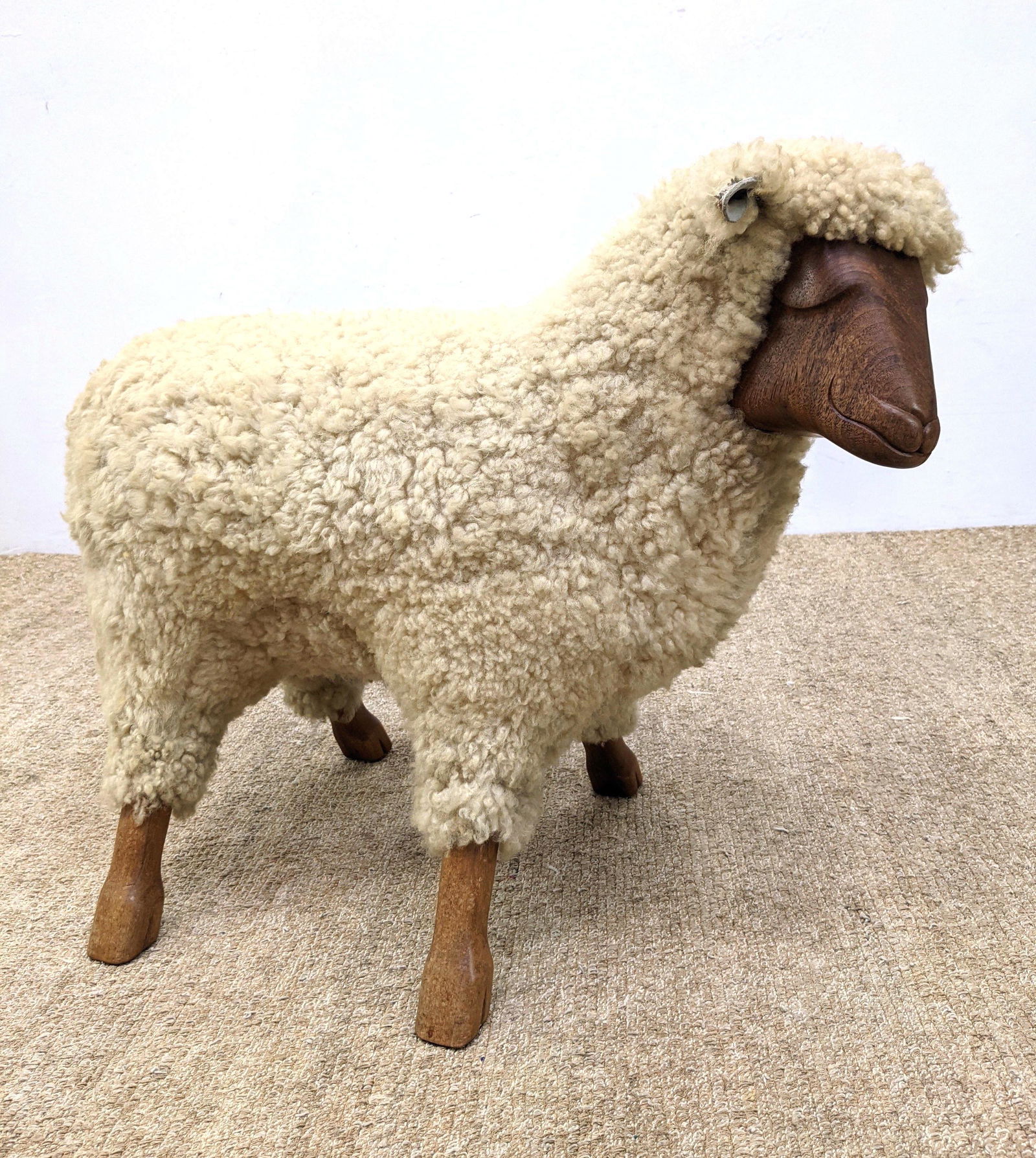 Wool and Wood Lamb Sculpture Stool.: Wool and Wood Lamb Sculpture Stool. -- Dimensions: H: 27 inches: W: 31 inches: D: 19 inches ---