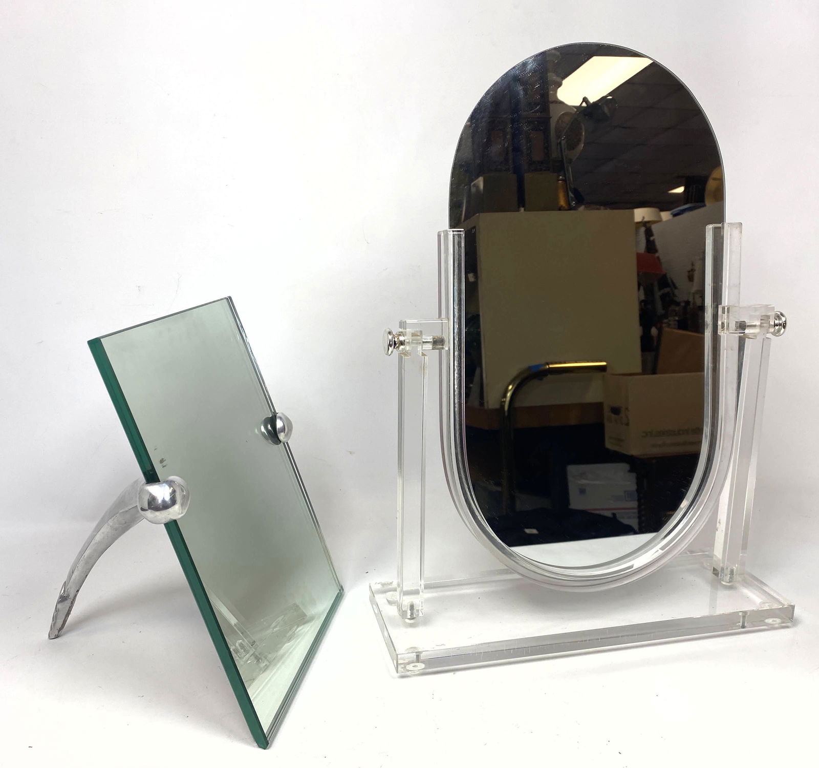 2pcs Mid Century Modern Table Mirrors. Lucite and Alum: 2pcs Mid Century Modern Table Mirrors. Lucite and Aluminum. -- Dimensions: H: 18 inches: W: 15 inches: D: 5 inches ---