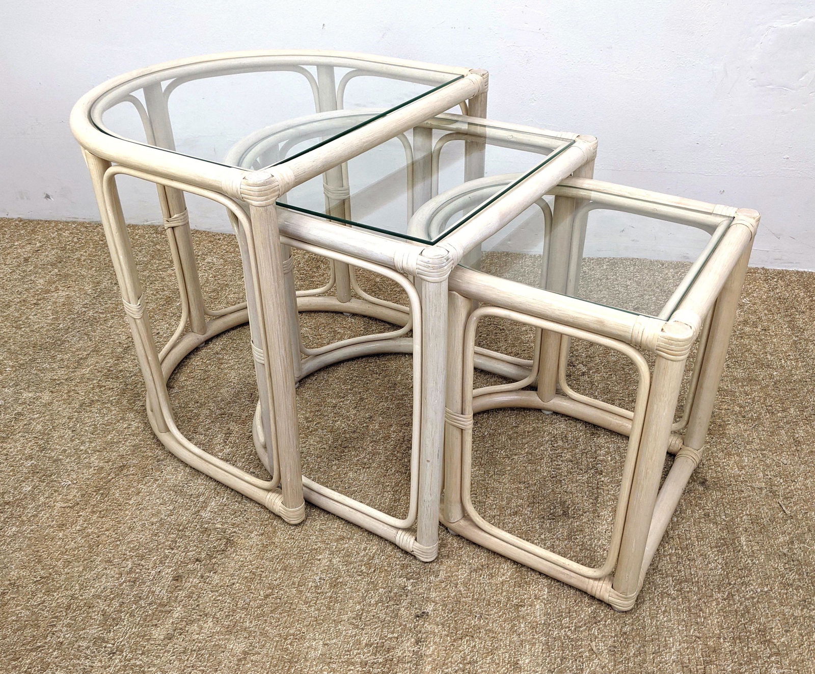 Painted Cream Rattan Bamboo Nesting Tables. Three Horse (1 of 11)