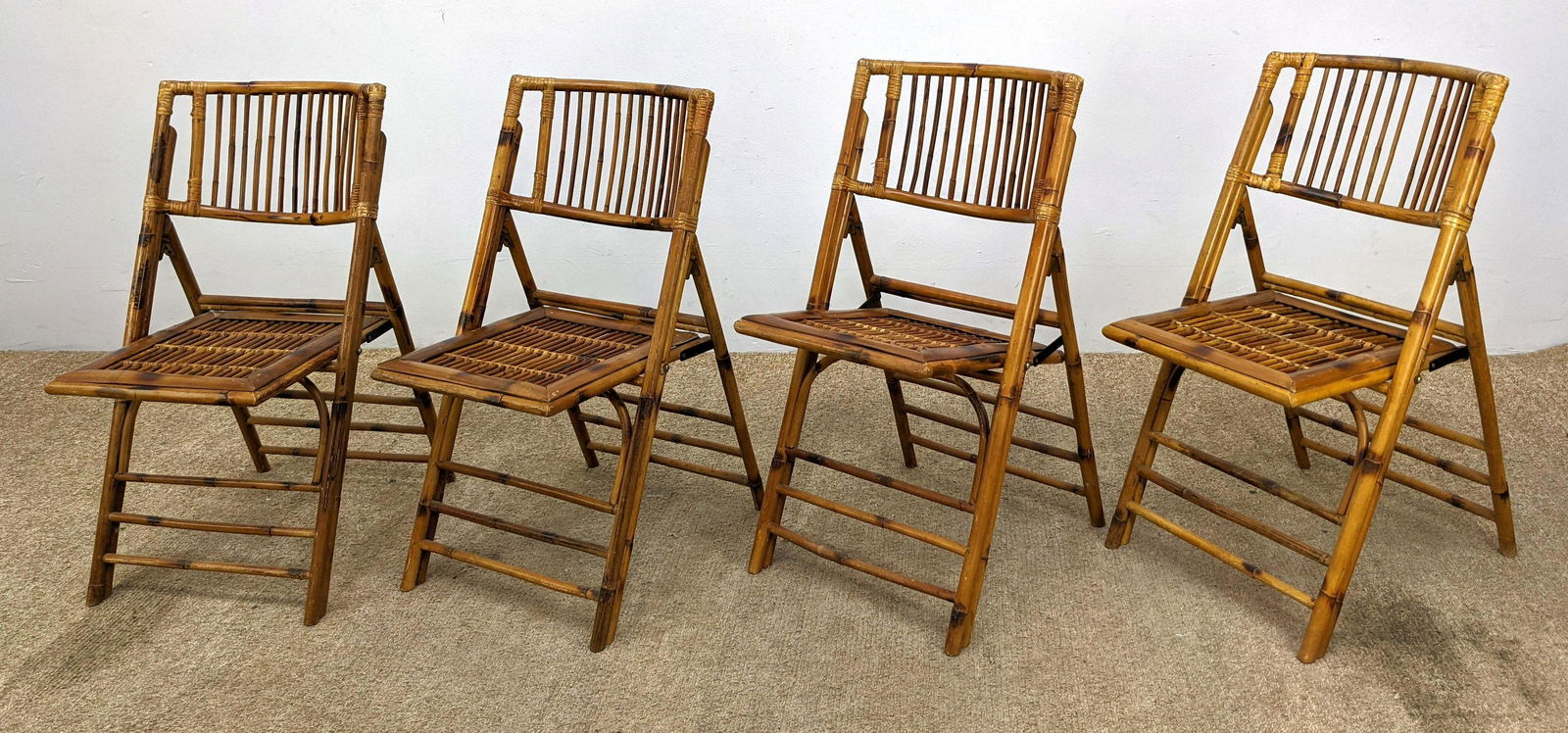 Set 4 Vintage Bamboo Folding Chairs with Rattan Wrappin (1 of 17)
