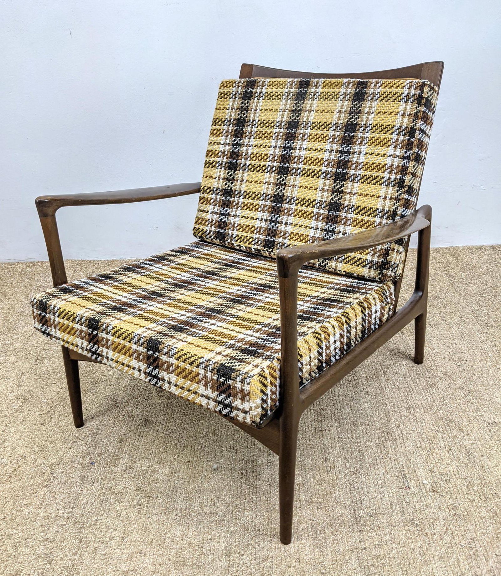 SELIG Danish Modern Open Arm Lounge Chair. Caned Black.: SELIG Danish Modern Open Arm Lounge Chair. Caned Black. Plaid Upholstered cushions. Metal tag.-- Dimensions: H: 30 inches: W: 29.5 inches: D: 26.5 inches ---