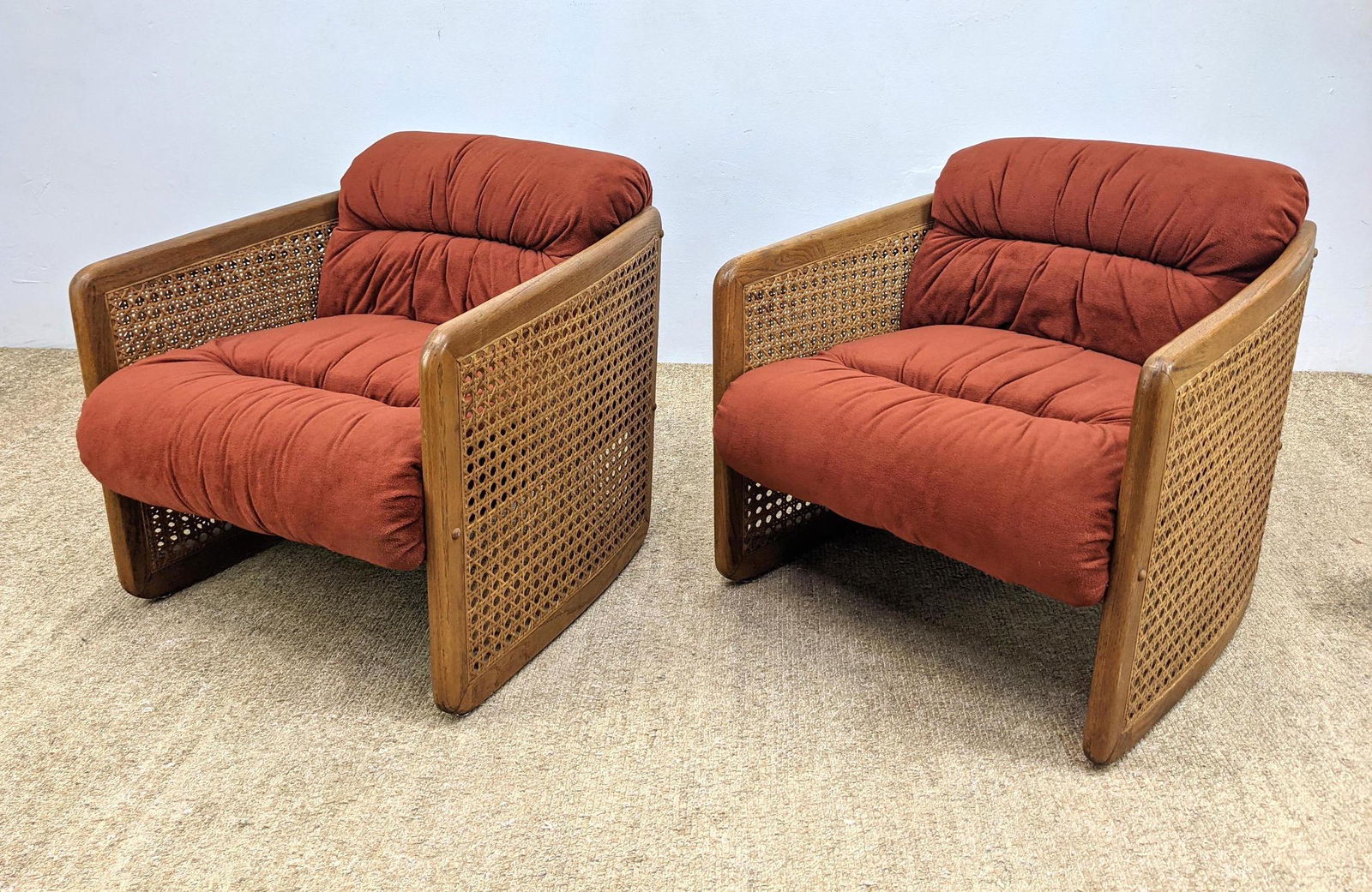 Pr Caned Sides Wood Framed Lounge Chairs.  Rust upholst (1 of 15)