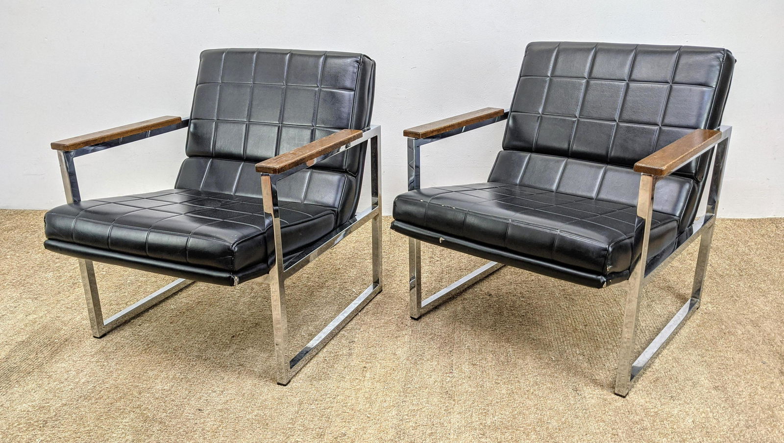 Pr Black Vinyl Chrome Frame Lounge Chairs. Wood Armrest (1 of 11)