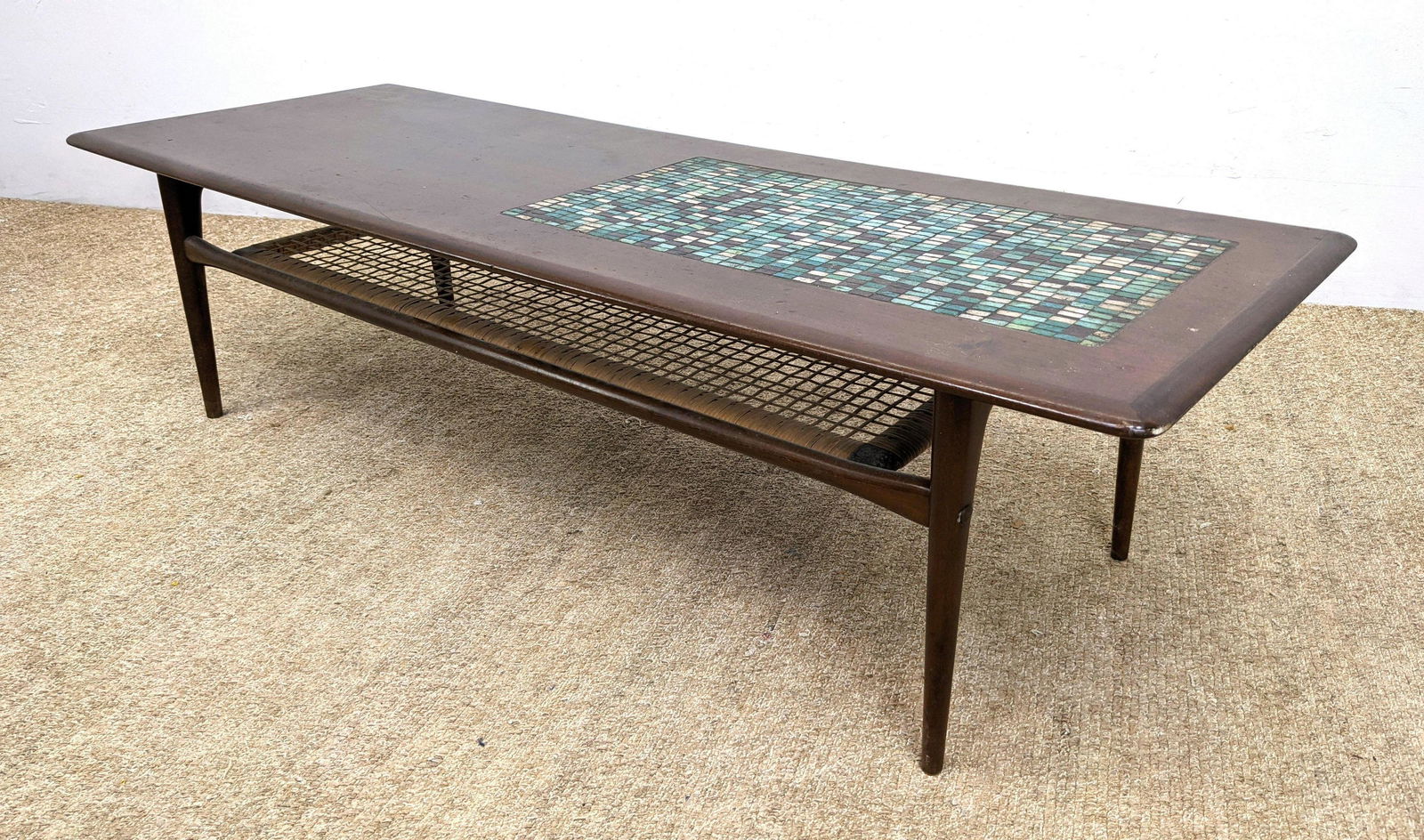 SELIG Danish Teak Modern Tile Top Coffee Table. Small c: SELIG Danish Teak Modern Tile Top Coffee Table. Small colorful tiles. Lower woven rattan shelf. Metal Selig tag. -- Dimensions: H: 16.5 inches: W: 61 inches ---