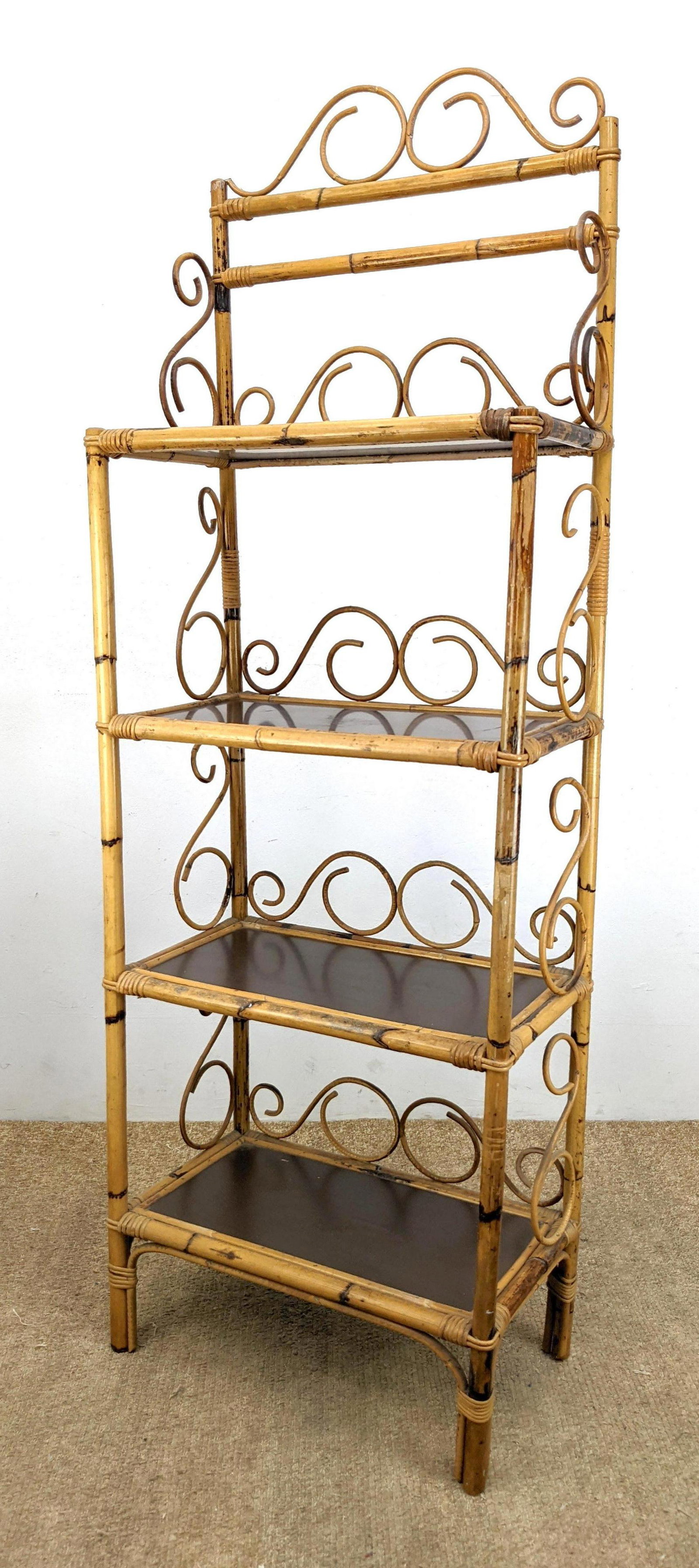 Scrollwork Bamboo and Rattan Etagere Display shelves. L: Scrollwork Bamboo and Rattan Etagere Display shelves. Laminate top shelves-- Dimensions: H: 75 inches: W: 25.5 inches: D: 14 inches ---