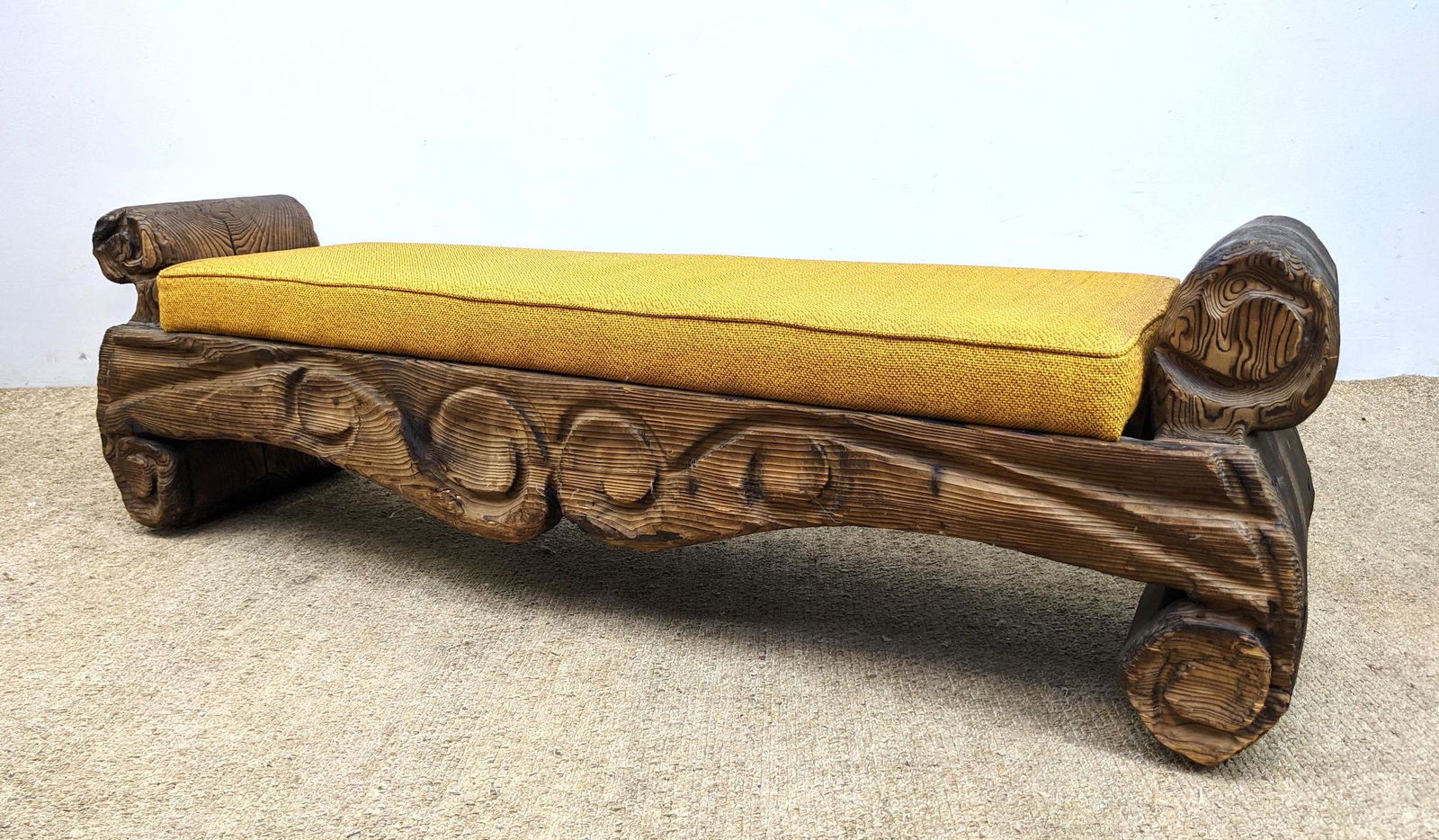 WITCO Carved Wood Bench. Gold Upholstered Seat Cushion. (1 of 16)