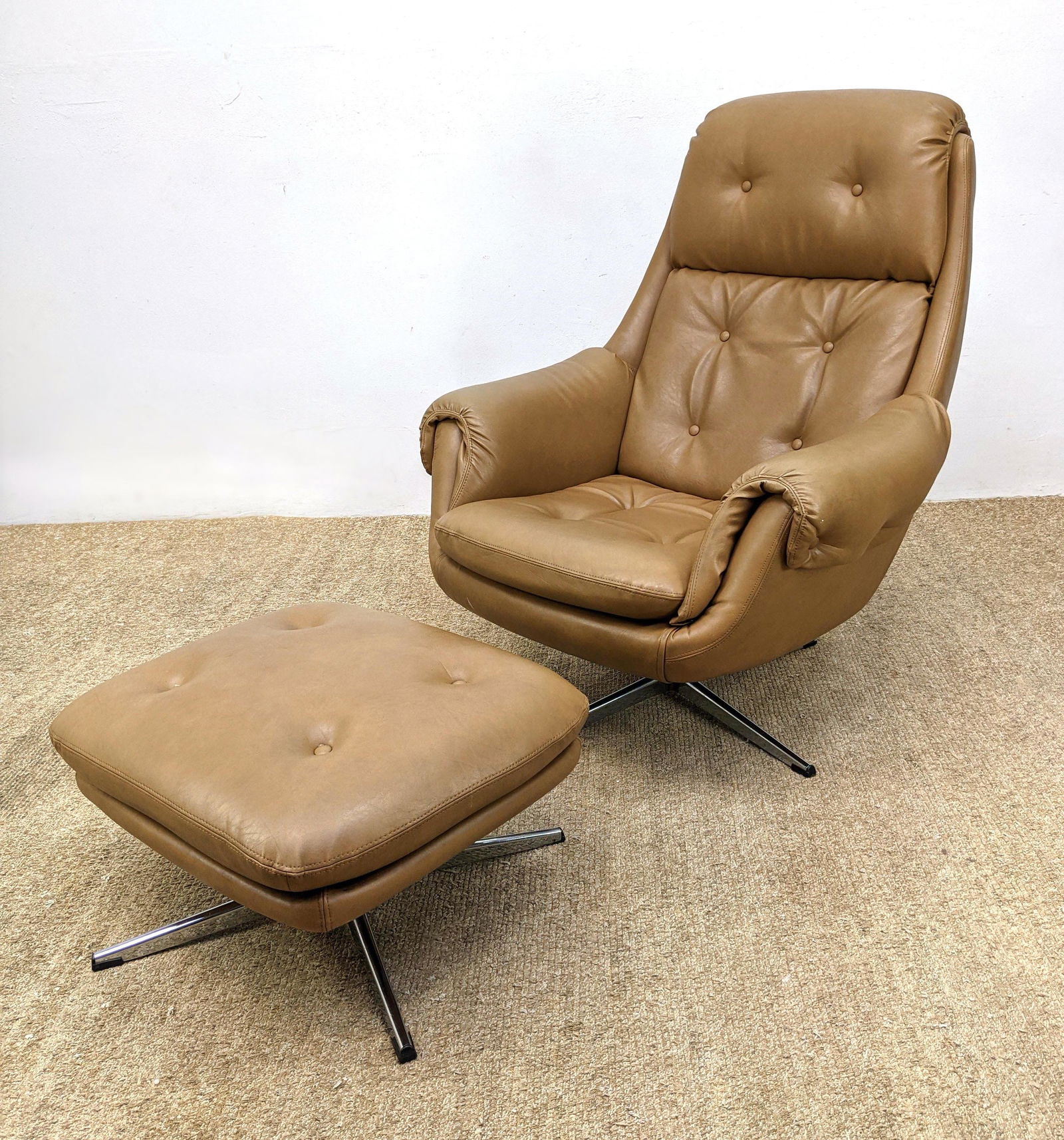 2pc OVERMAN Swivel Lounge Chair and Ottoman. Tan vinyl (1 of 20)