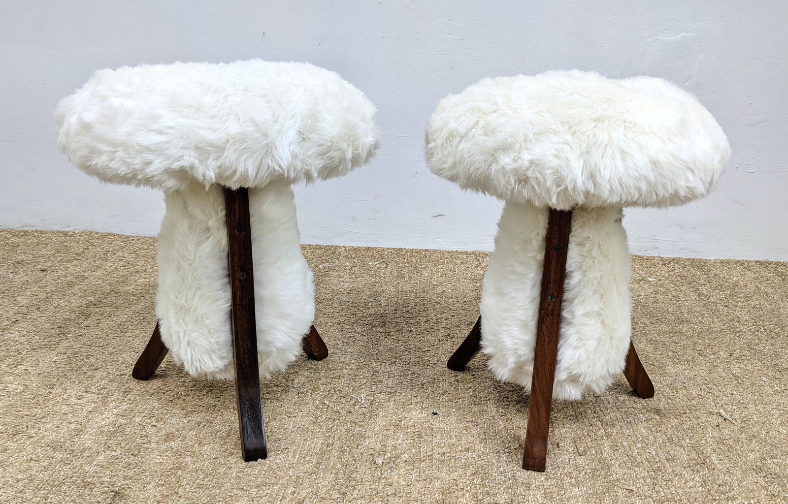 Pair Decorator Mushroom Stools. Furry upholstery with f (1 of 9)