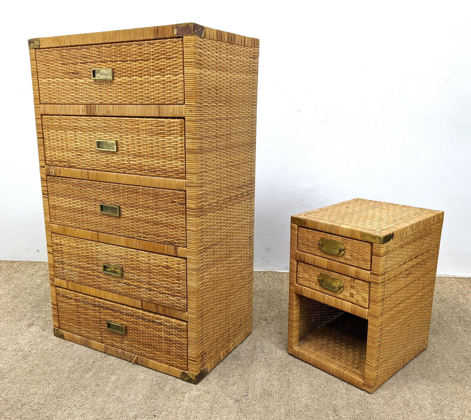 2pc Woven Rattan Tall Dresser. Night Stand. Brass Campa (1 of 18)