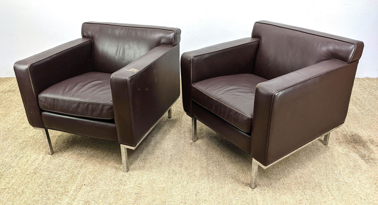 Pr Brown Leather Modernist Lounge Chairs. Square Chrome (1 of 14)