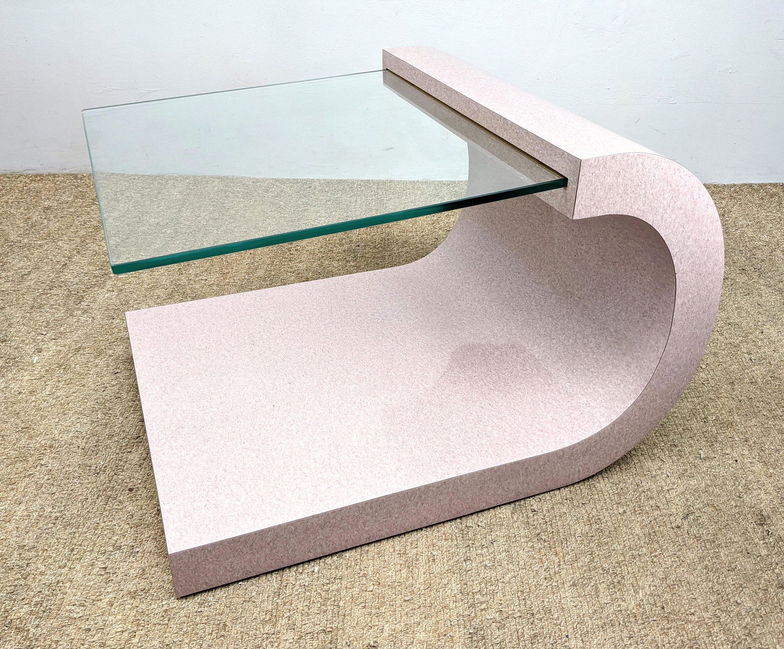 Cantilever Glass Top Table. Curved Laminate Base. (1 of 11)