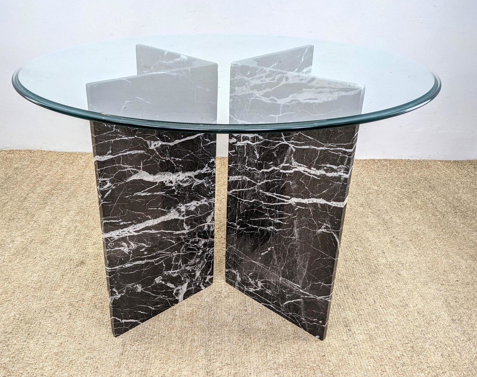 Glass Top Dining Cafe Table. Double Black Marble Bases. (1 of 11)