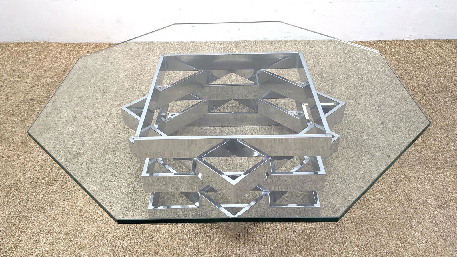 Modernist Chrome and Glass Coffee Table. Stacked chrome (1 of 10)