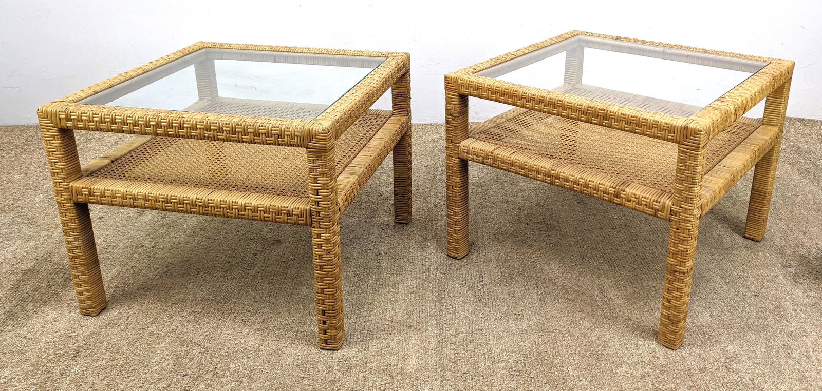 Pair Woven Rattan Side Tables with Inset Glass. (1 of 10)