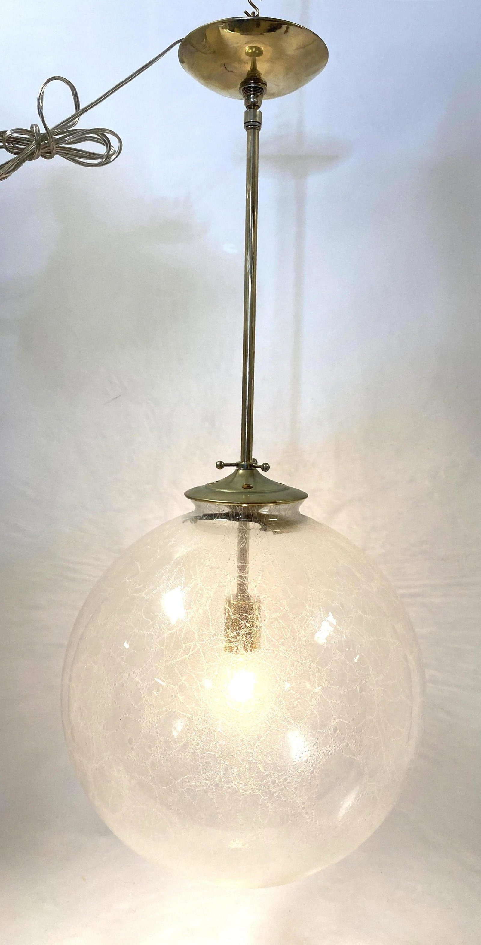 Large Crackle Glass Ball Pendant Lamp Chandelier. 33 in: Large Crackle Glass Ball Pendant Lamp Chandelier. 33 inches ceiling to bottom of ball-- Dimensions: H: 16 inches: W: 16 inches ---