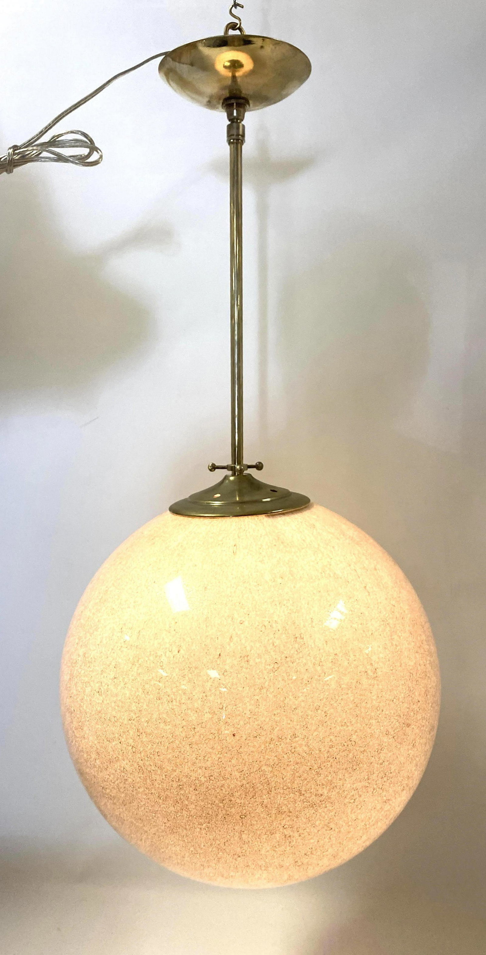 Large Speckled Glass Ball Pendant Lamp Chandelier. 33 i: Large Speckled Glass Ball Pendant Lamp Chandelier. 33 inches ceiling to bottom of ball-- Dimensions: H: 16 inches: W: 16 inches ---