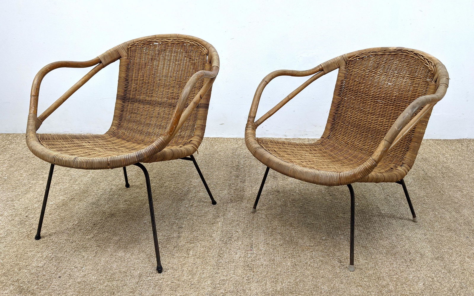 Pair Bamboo wicker Lounge Chairs.  Iron bases. (1 of 14)