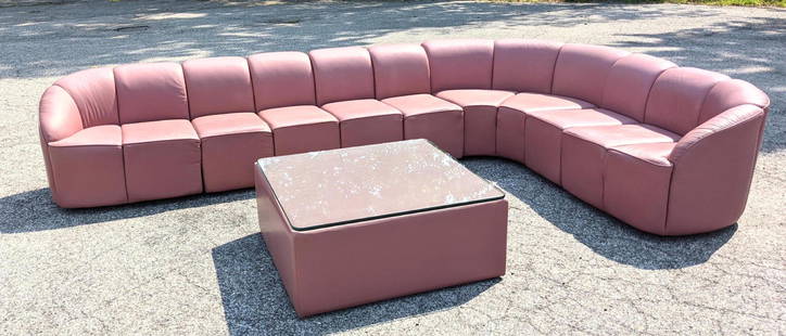 BRAYTON INTERNATIONAL Pink Sectional Sofa and Table. 9p: BRAYTON INTERNATIONAL Pink Sectional Sofa and Table. 9pc adjustable set. Square unit works as footstool or table with glass top.-- Dimensions: H: 28 inches: W: 90 inches: D: 140 inches ---