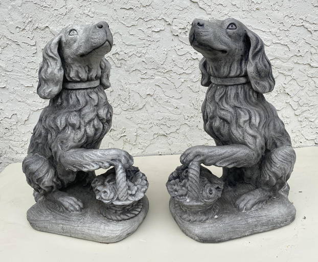 Pr Signed Concrete Dog Statues. Dogs with Flower Basket Sep 30, 2021