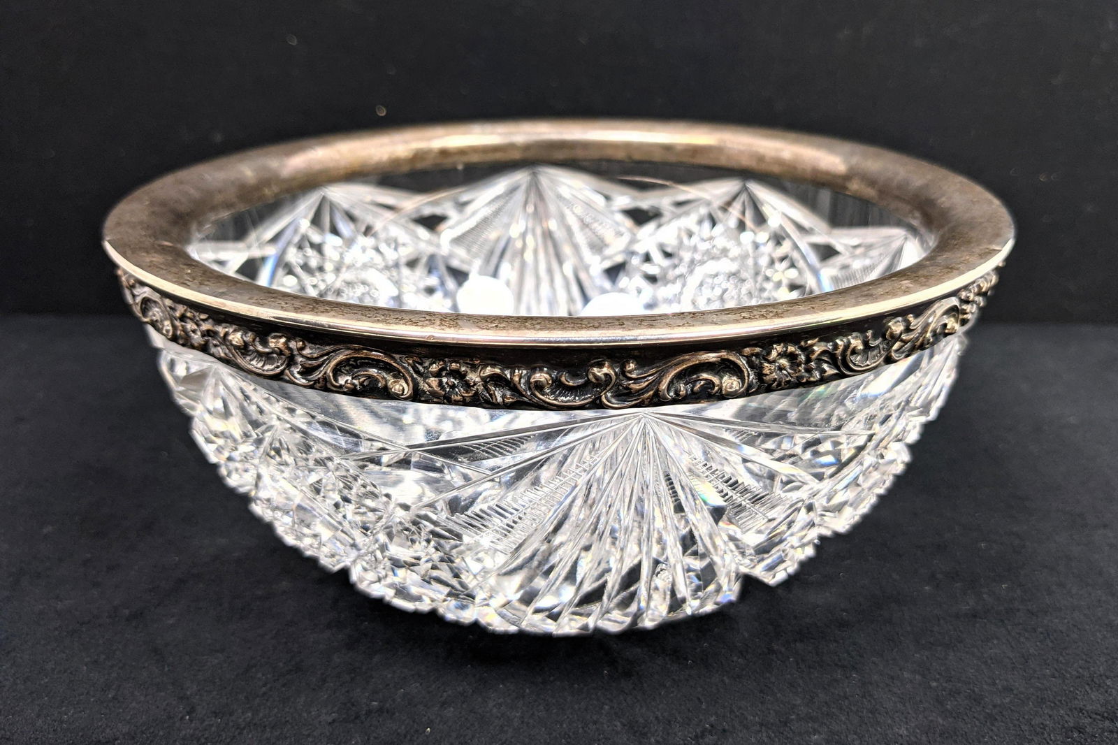 Cut Crystal Silver Rimmed Bowl. No marks found. (1 of 13)