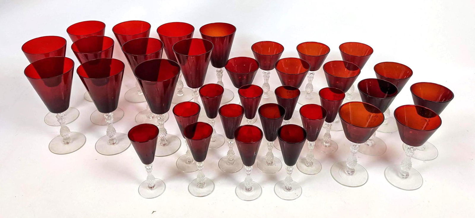 Set 34 MORGANTOWN Pineapple Stem Ruby Stemware Glasses. (1 of 9)