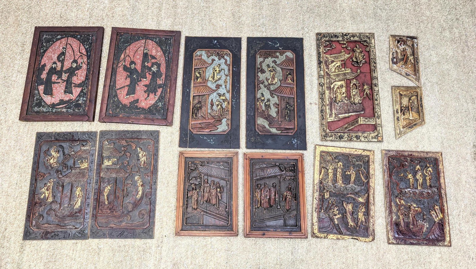 12pcs Asian Style Furniture Panels. Carved and Painted. (1 of 20)