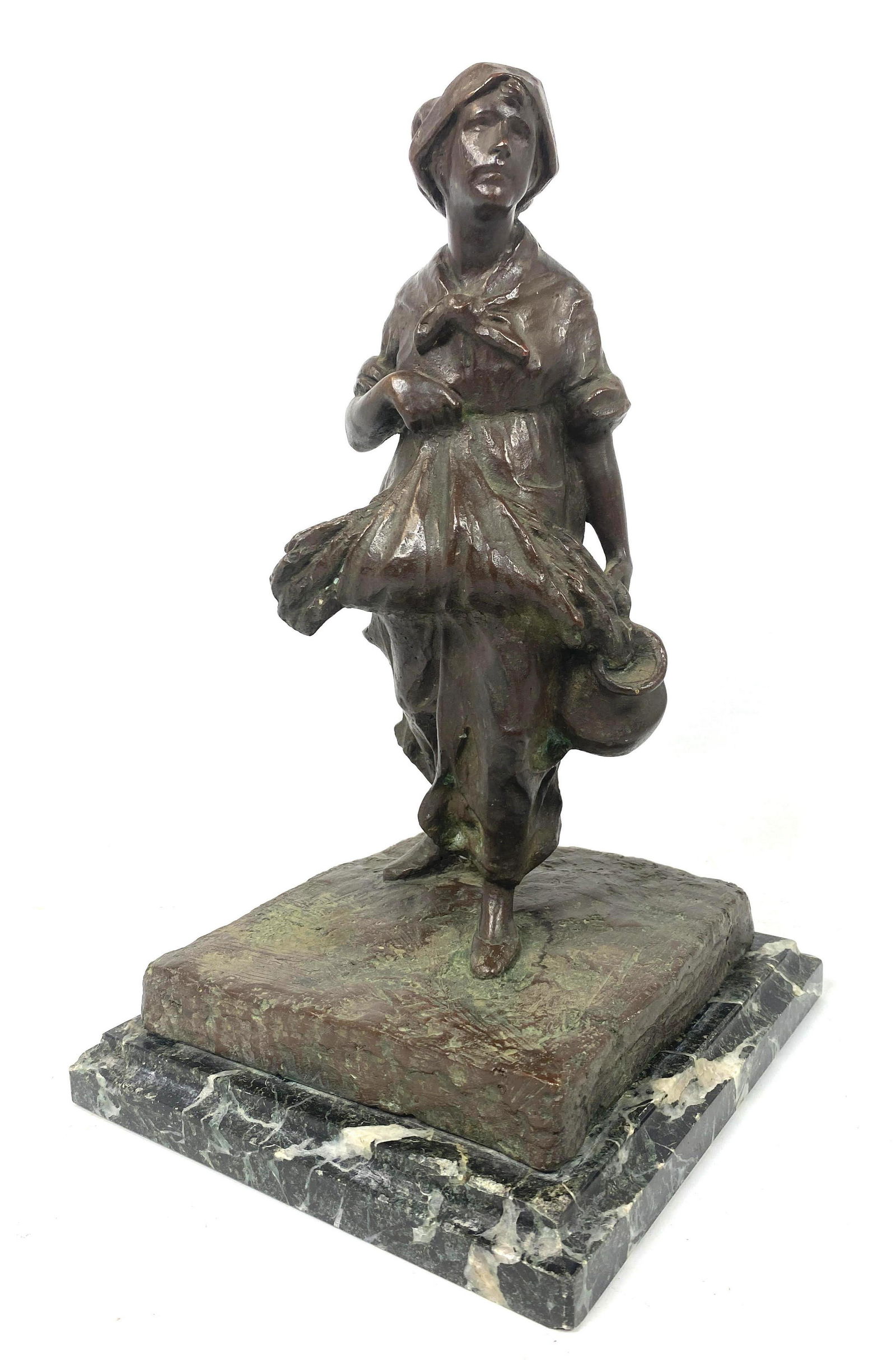 Signed Bronze Sculpture of Dutch Style Woman.  Marble b (1 of 10)