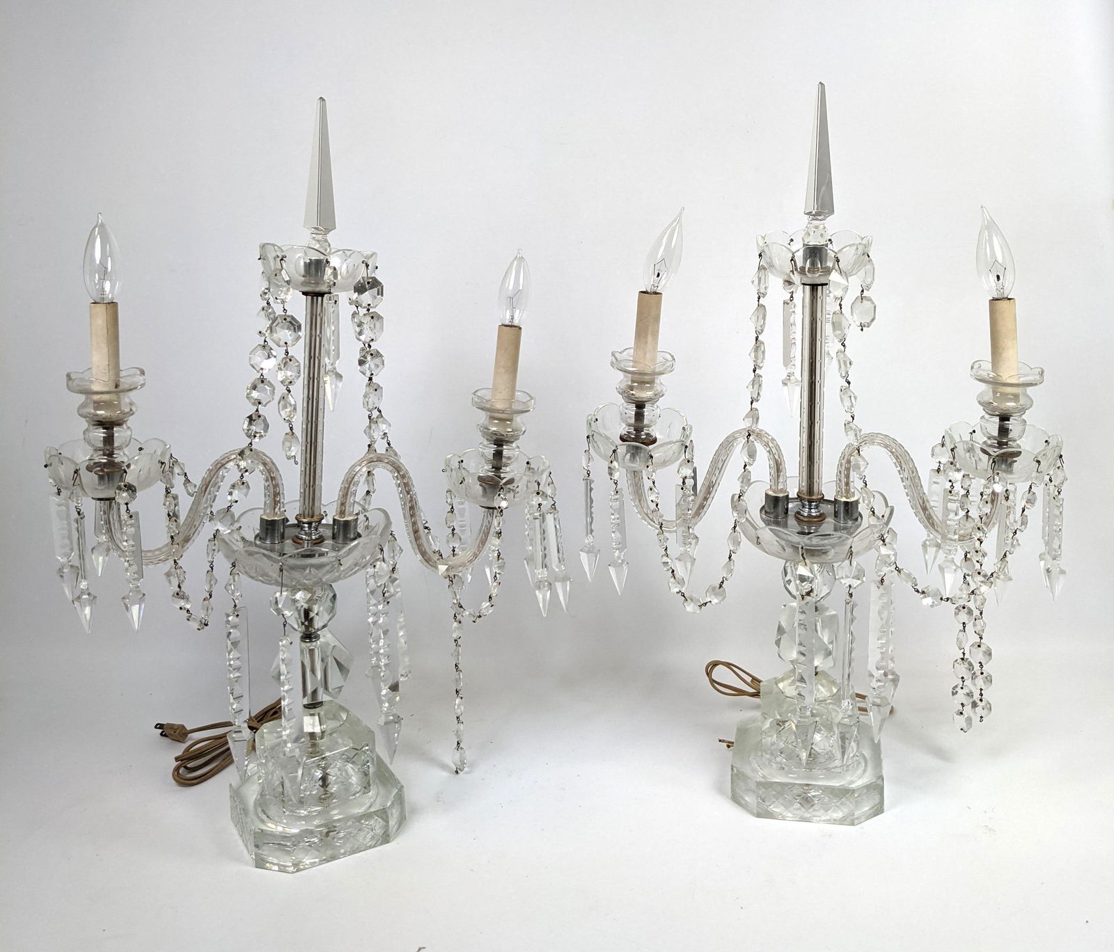 Pr Crystal 2 Arm Candelabra. Hanging prisms. Electrifie (1 of 9)