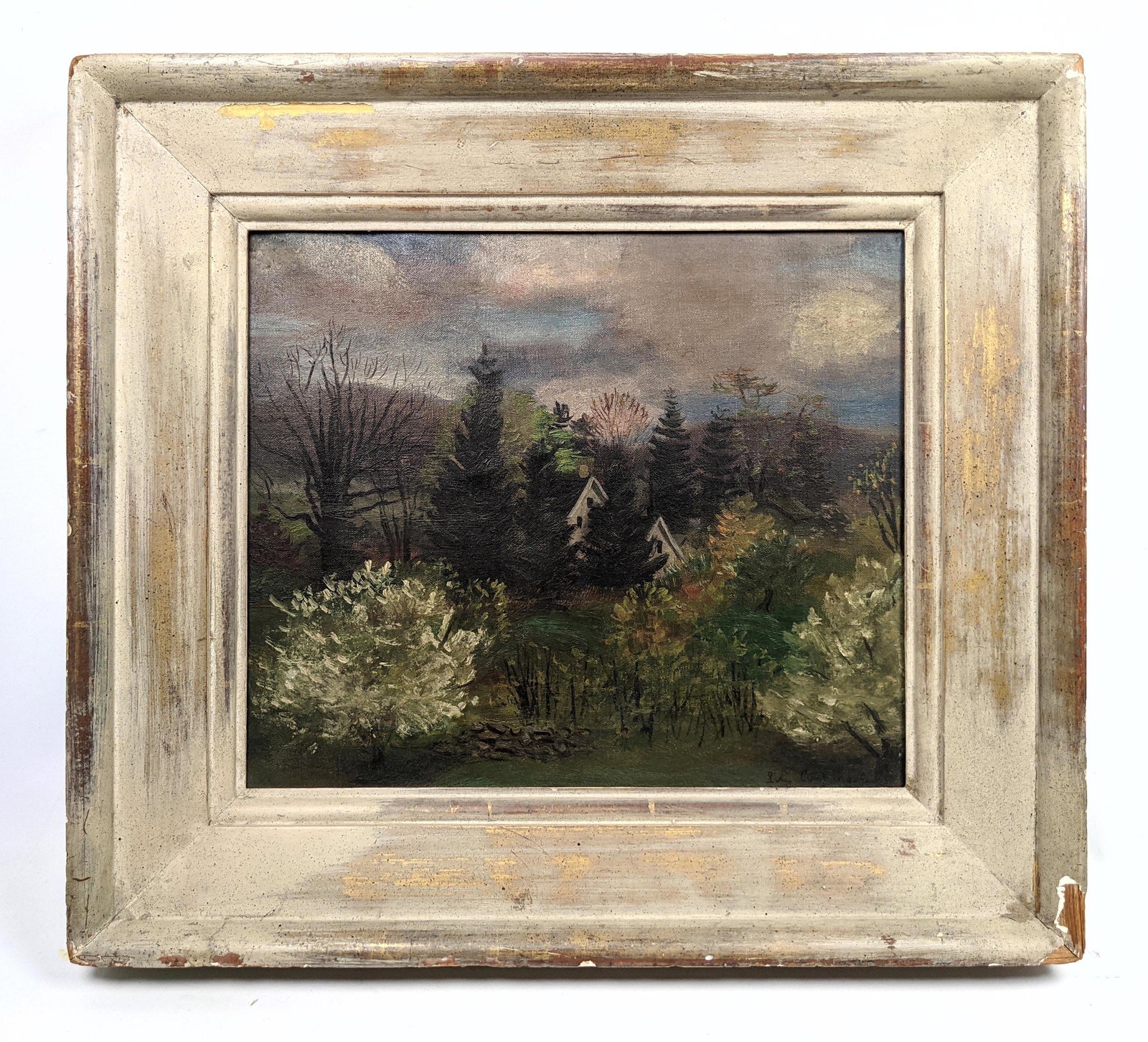 LILY CUSHING Impressionist Landscape Painting. "Marlbor: LILY CUSHING Impressionist Landscape Painting. "Marlboro, New York". House hidden behind evergreen trees. Painted on canvas. Signed-- Dimensions: H: 11 inches: W: 13.25 inches -- FRAME SIZE: Frame Hei