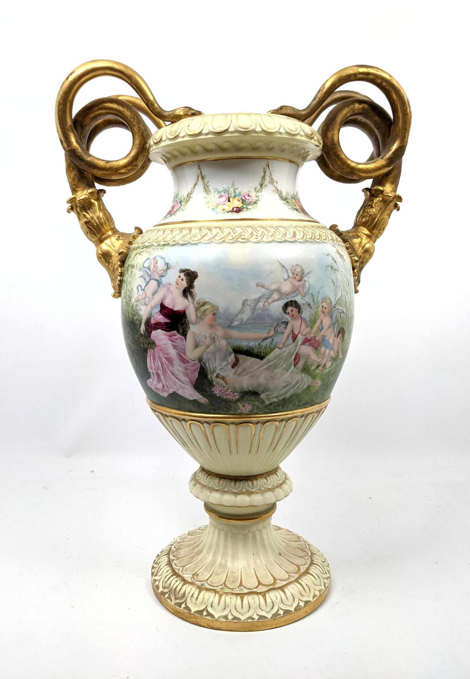 Meissen French Porcelain Snake Handled Vase Urn. Hand P (1 of 13)