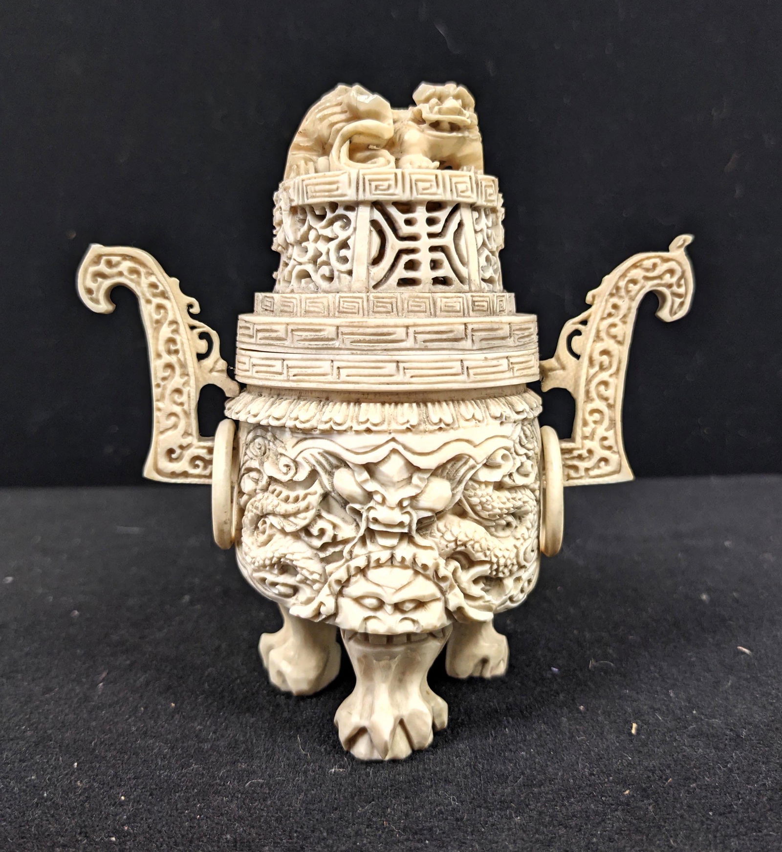 Fancy Ornate Carved Handled Jar with Lid. Asian. Carved (1 of 14)