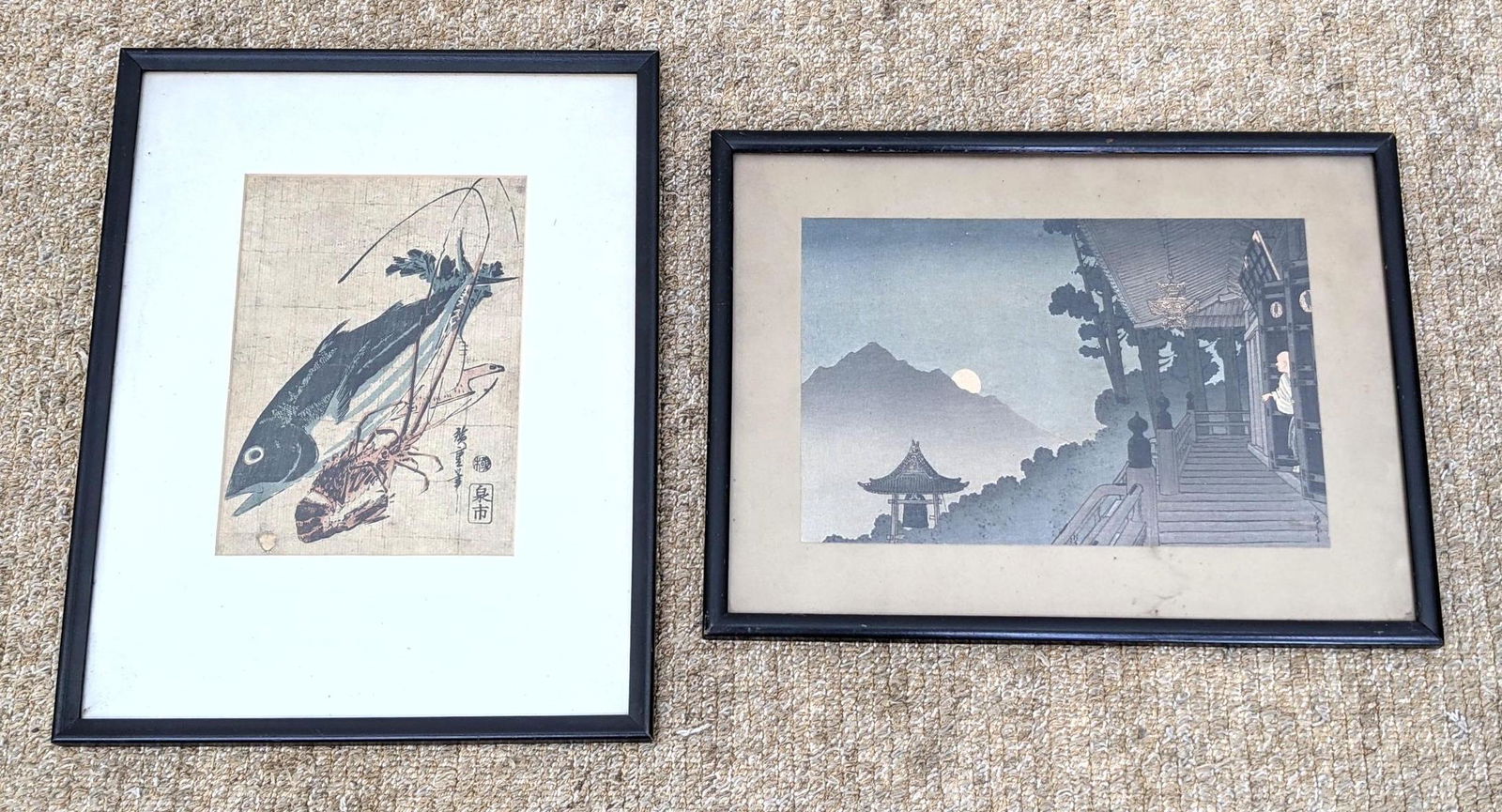 2pc Signed Asian Prints. Woodblocks. One with crayfish (1 of 10)