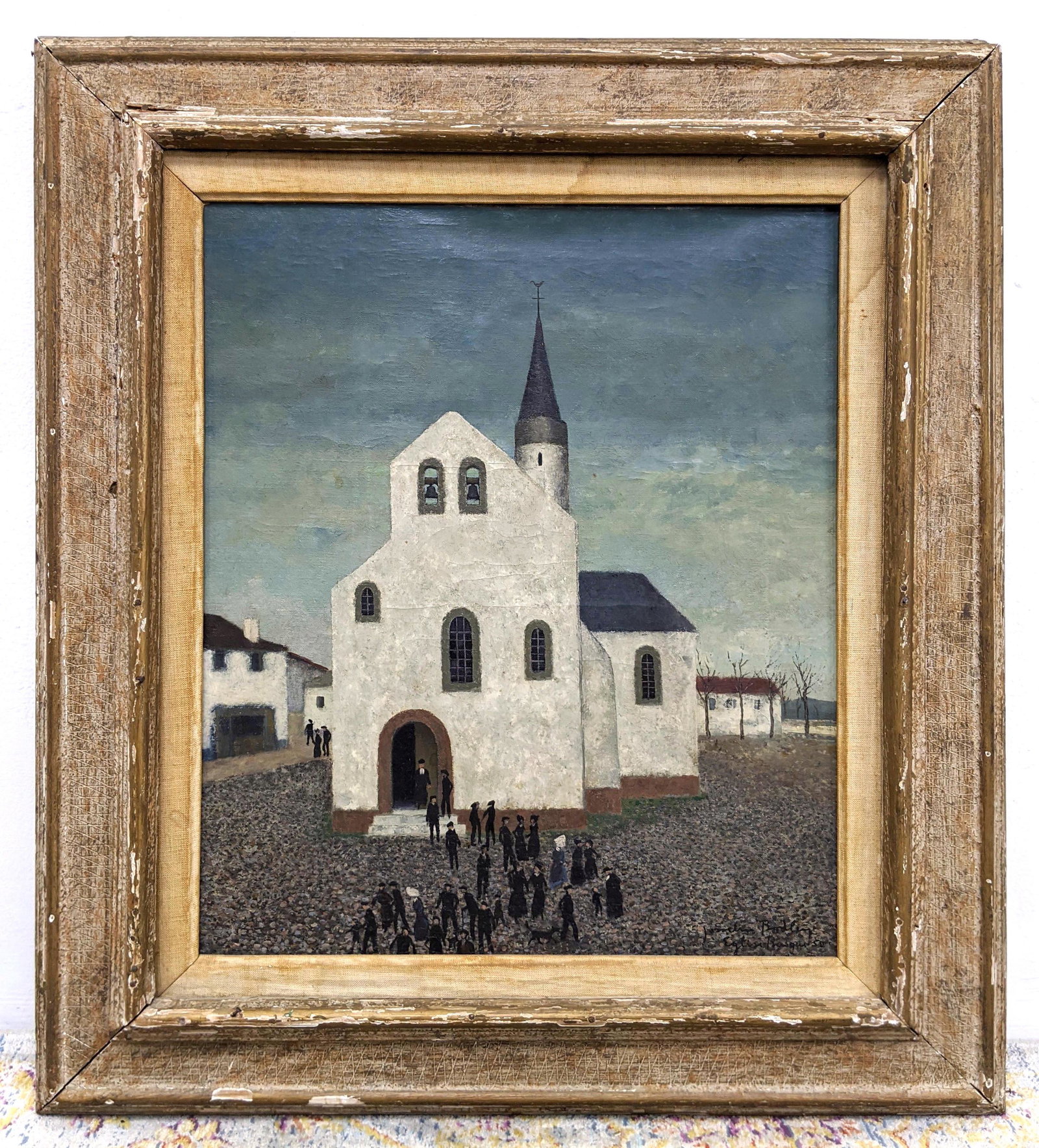 Vintage Painting of Worshippers at Church. "Eglise Bas: Vintage Painting of Worshippers at Church. "Eglise Basque, No 30"-- Dimensions: Image Size: H: 21 inches: W: 17.5 inches -- FRAME SIZE: Frame Height 30.5 inches - Frame Width 27 inches ---
