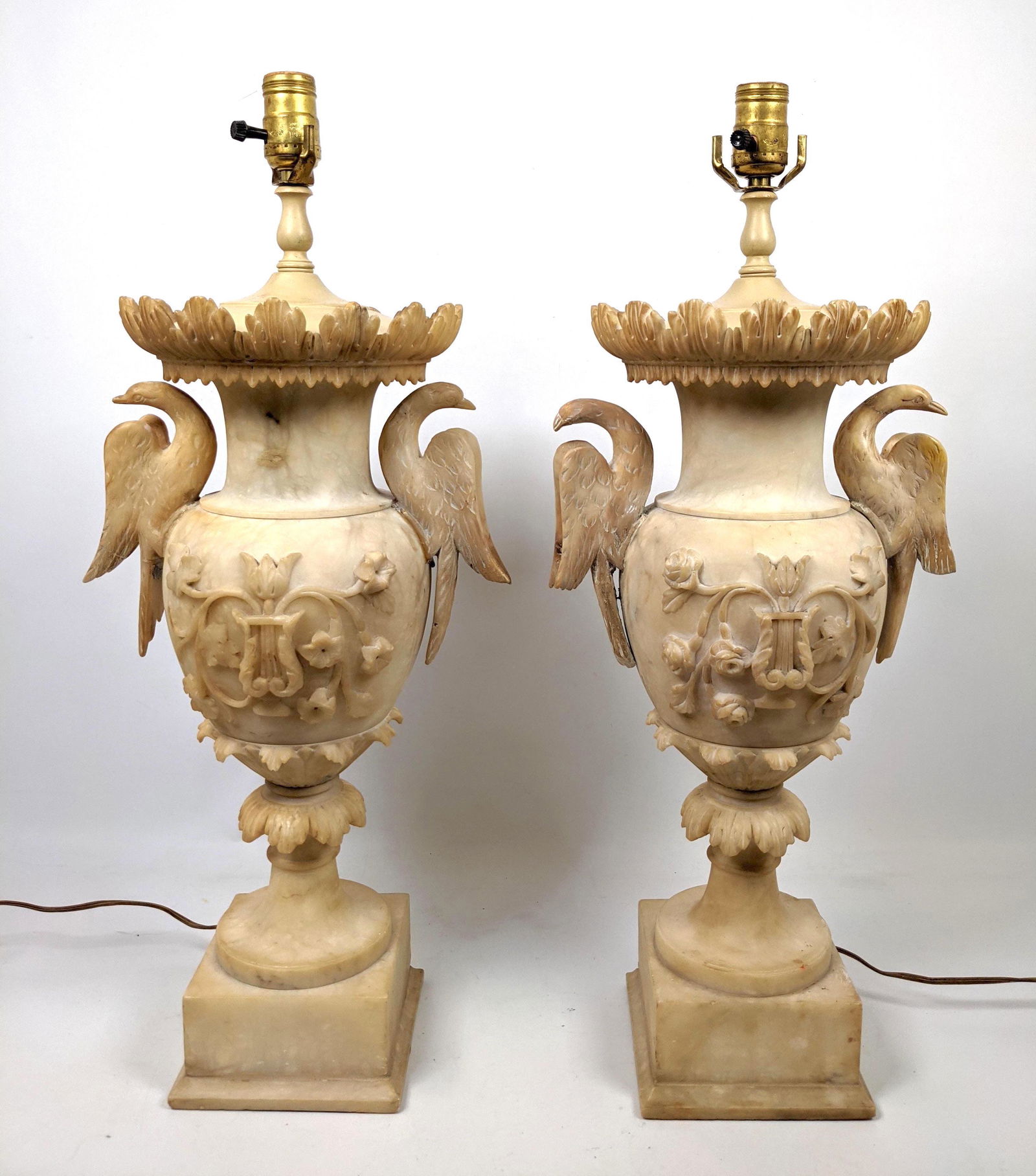 Pr Antique Carved Alabaster Urn Form Table Lamps. Bird (1 of 12)