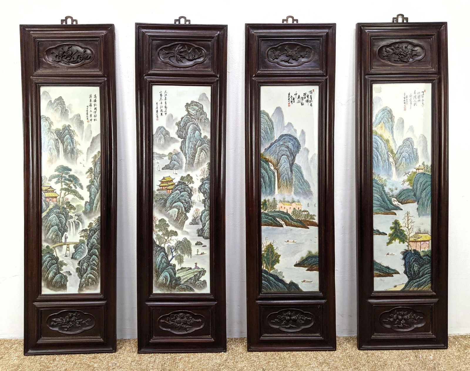 Set 4 Vertical Framed Asian Landscape Paintings on Porc (1 of 13)