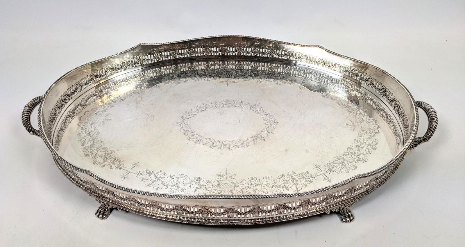 Large Oval Silver Plate Serving Tray with Engraved desi (1 of 12)