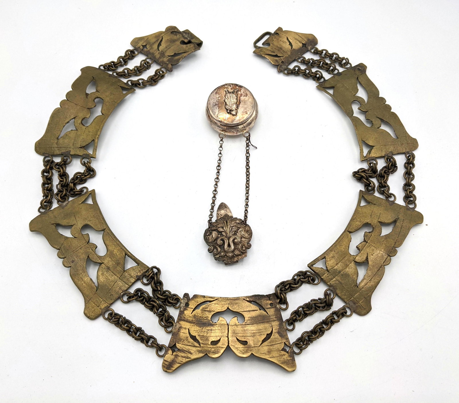 2pcs Antique Jewelry. Chatelaine Box and Heavy belt.: 2pcs Antique Jewelry. Chatelaine Box and Heavy belt.-- Dimensions: H: 33 inches: W: 2.25 inches ---