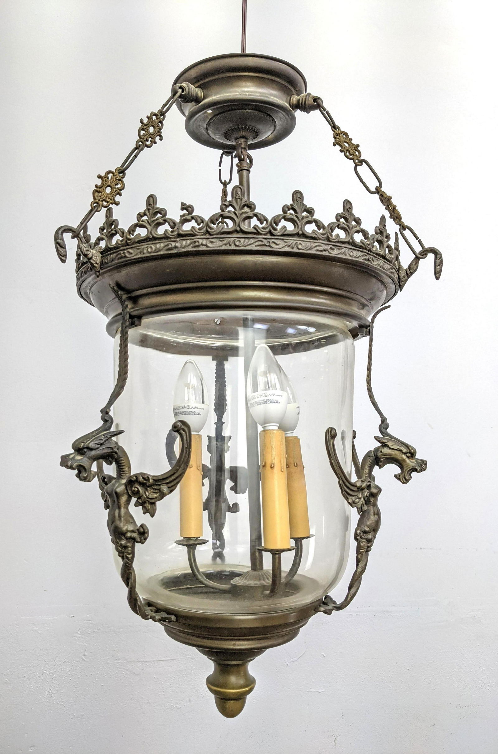 Vintage Glass Shade Brass Frame Hanging Pendant Light. (1 of 13)