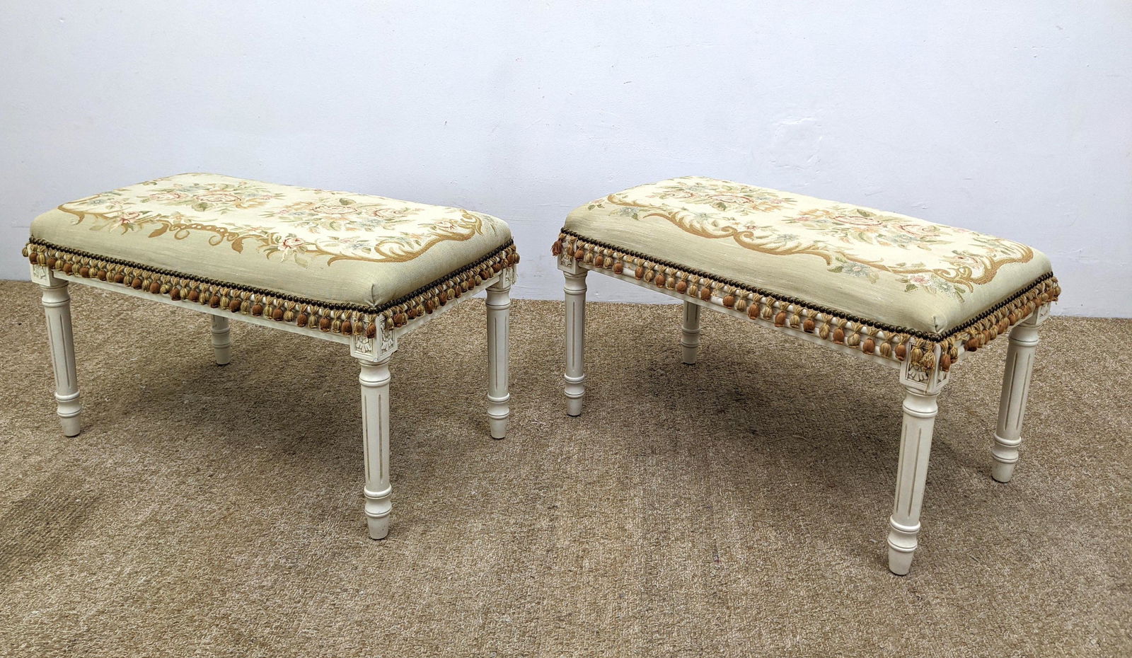 Pr Aubusson style upholstered benches. Cream painted fr (1 of 11)