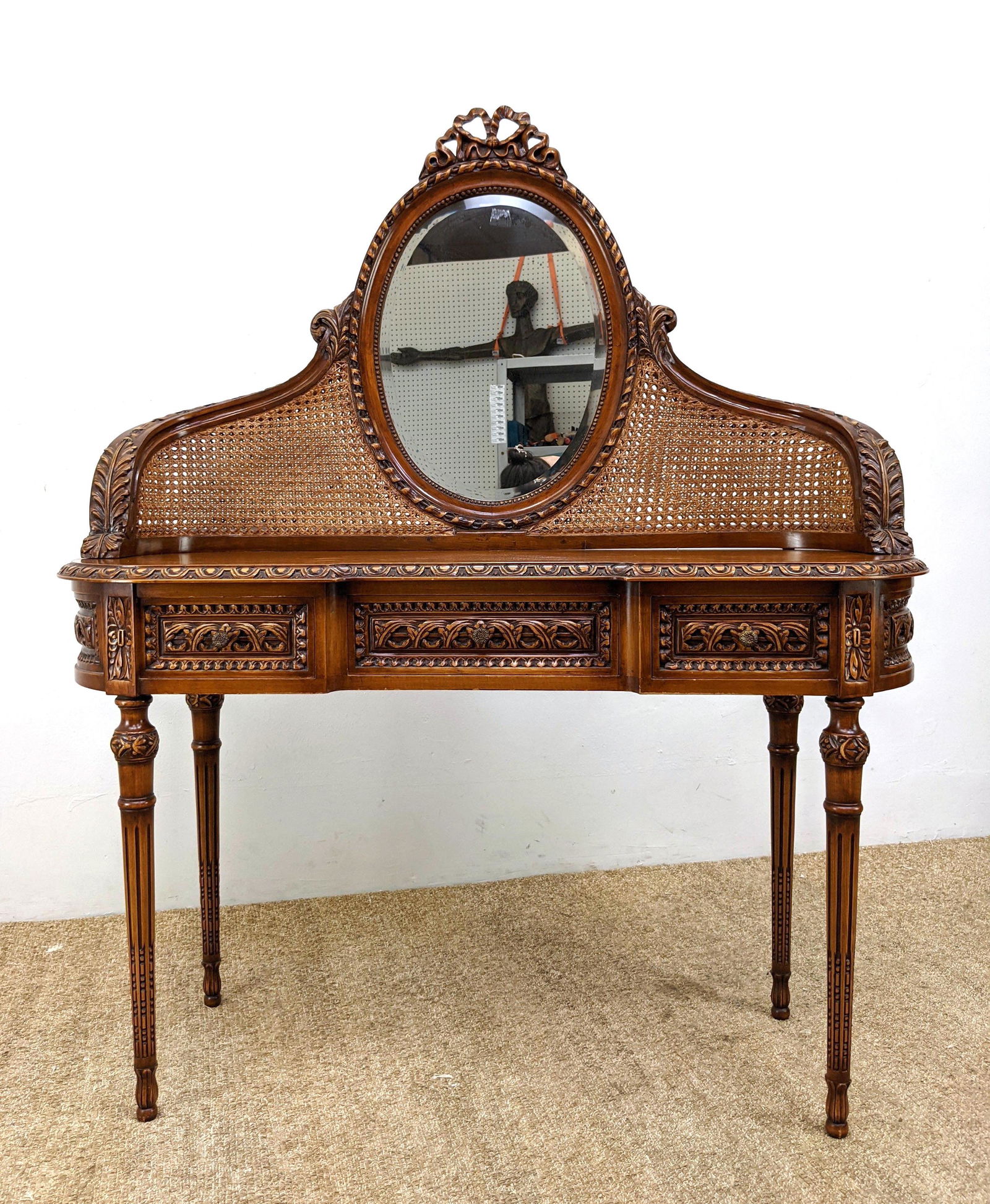 French style Vanity. Oval Mirror mounted in woven caned (1 of 17)