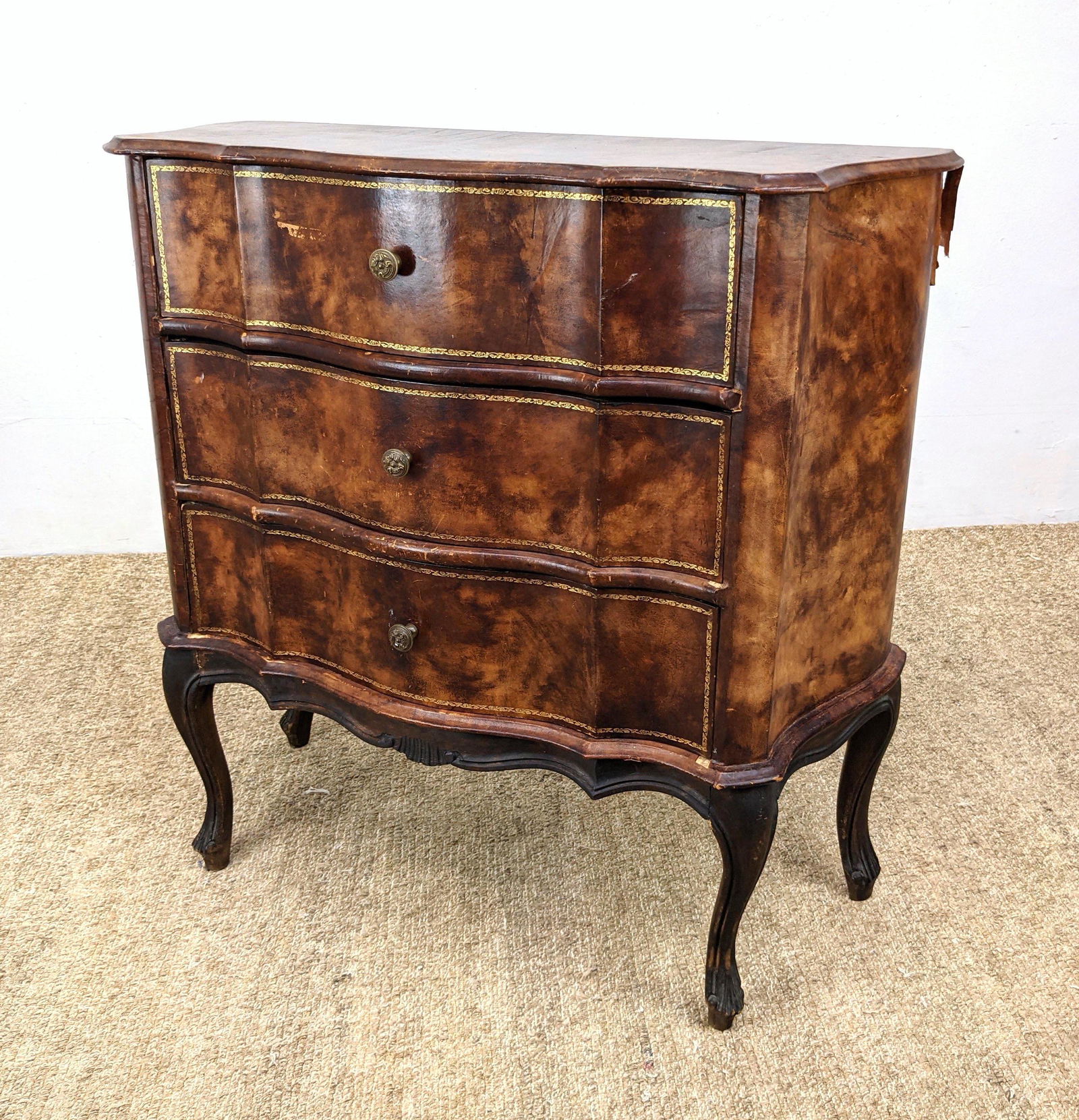 Leather Covered Three Drawer  Chest Dresser. Carved Woo (1 of 13)