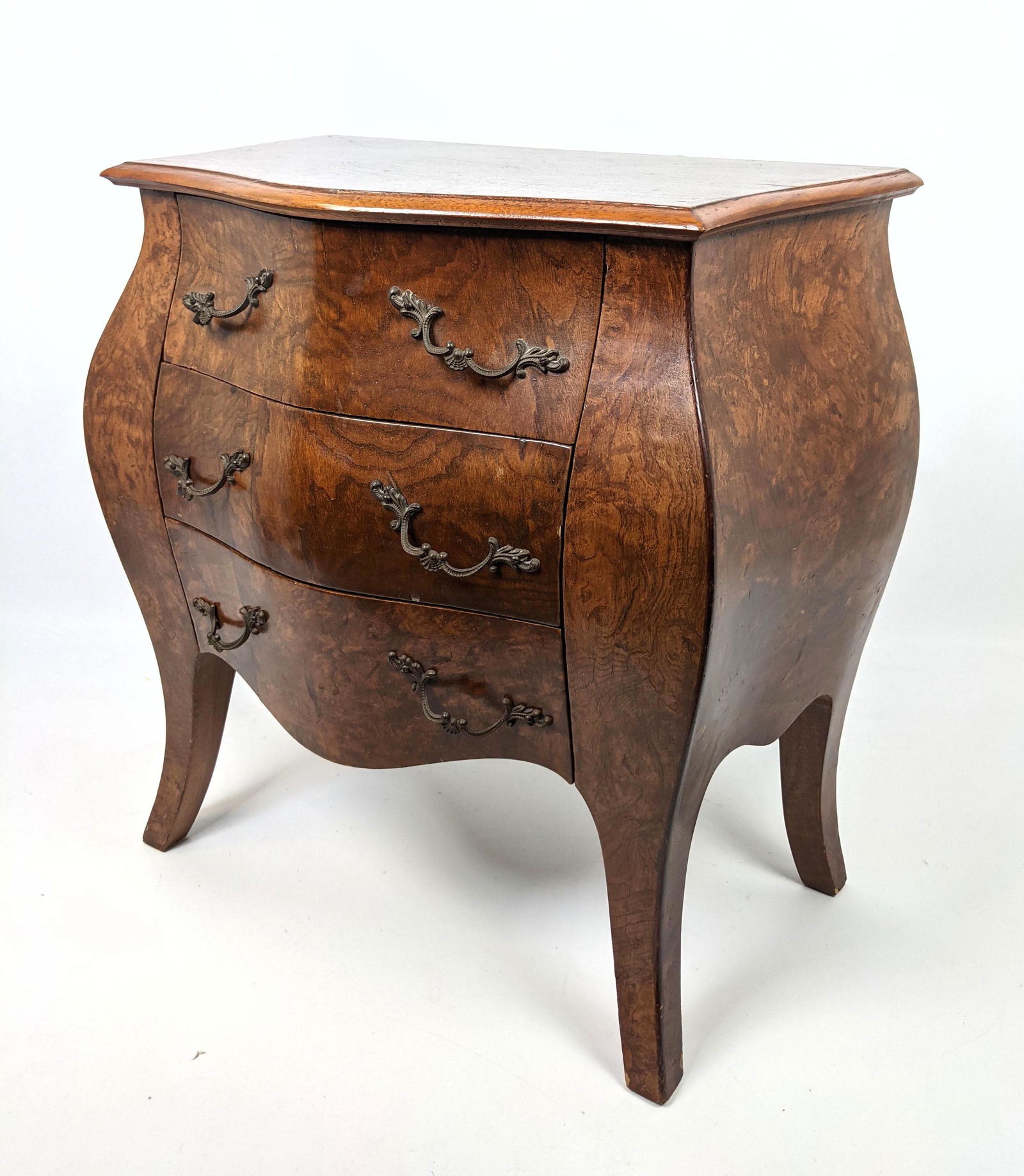 Small three Drawer Bombe Chest on Legs. Metal pulls. F (1 of 11)