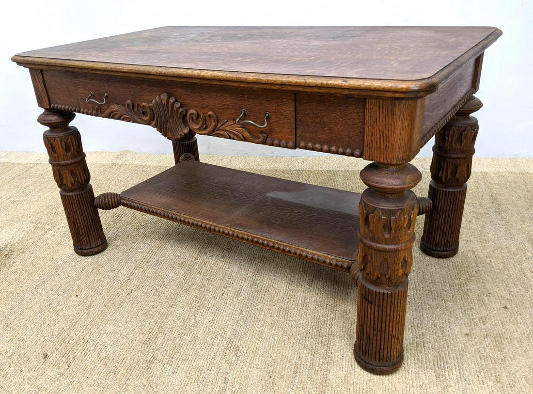 Antique Oak Library Table. Carved Shell Element with Be (1 of 15)