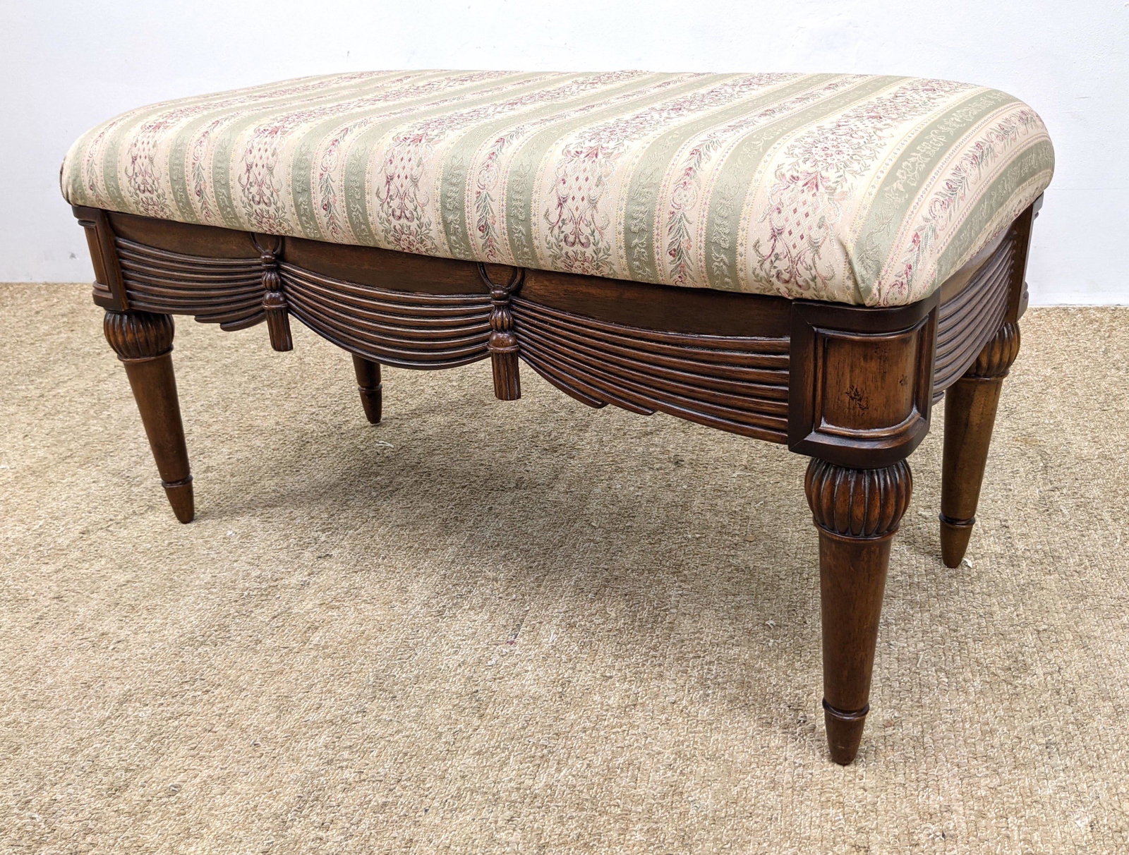 Upholstered Bench. Skirt with Carved Drape & Tassel des: Upholstered Bench. Skirt with Carved Drape & Tassel design. -- Dimensions: H: 21 inches: W: 40 inches: D: 19 inches ---
