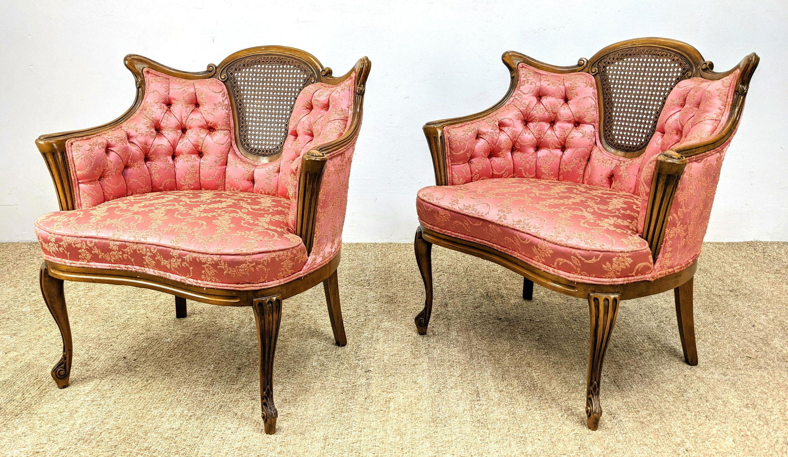 Pr French style Bergeres Arm Chairs. Partial Caned Back (1 of 10)