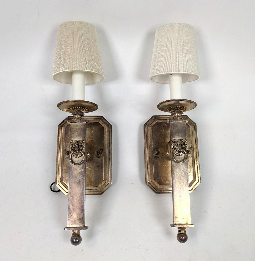 Pr Silver Plate Wall Light Sconces. Lion's Heads with R (1 of 14)