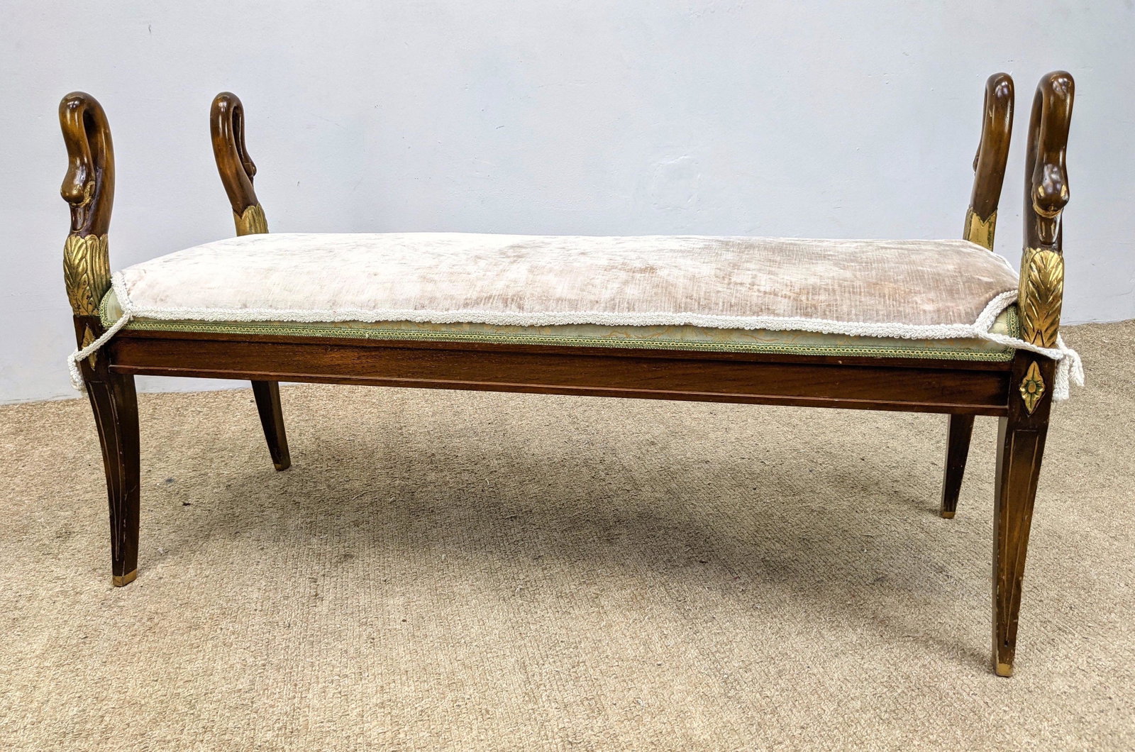 Carved Swan Head Wood Bench.: Carved Swan Head Wood Bench. -- Dimensions: H: 29 inches: W: 52 inches: D: 20 inches ---