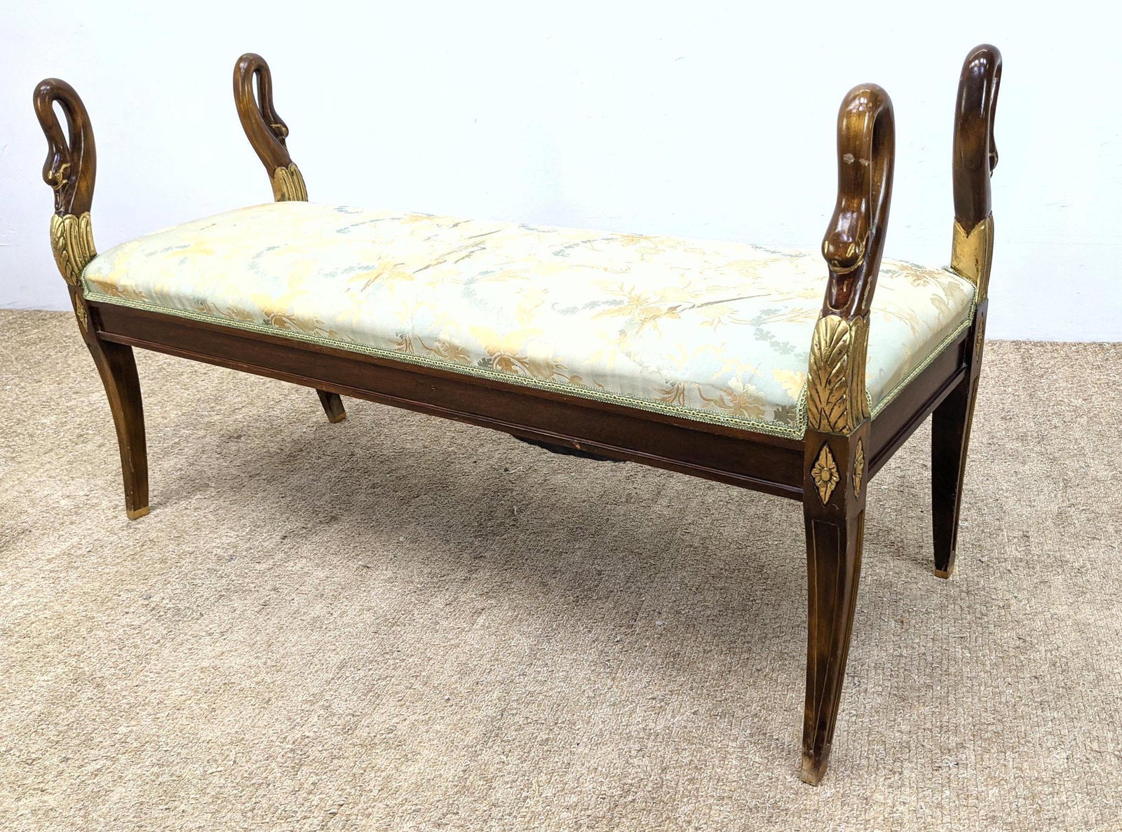 Carved Swan Head Wood Bench.: Carved Swan Head Wood Bench. -- Dimensions: H: 29 inches: W: 52 inches: D: 20 inches ---